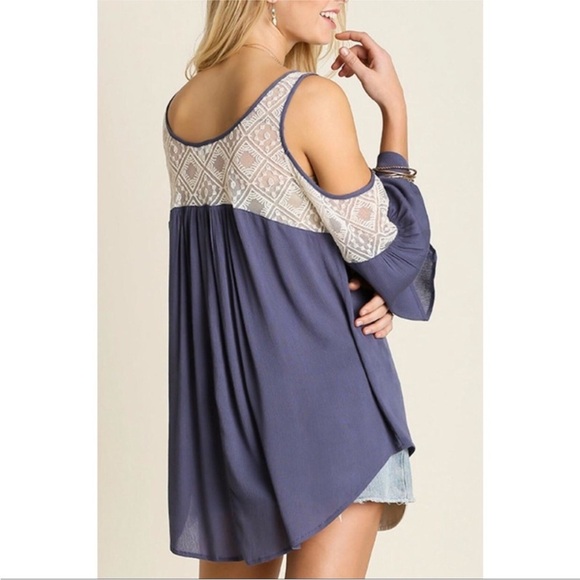 Umgee USA Cold Shoulder Boho Blouse with Crochet Lace - Size L - Picture 6 of 13